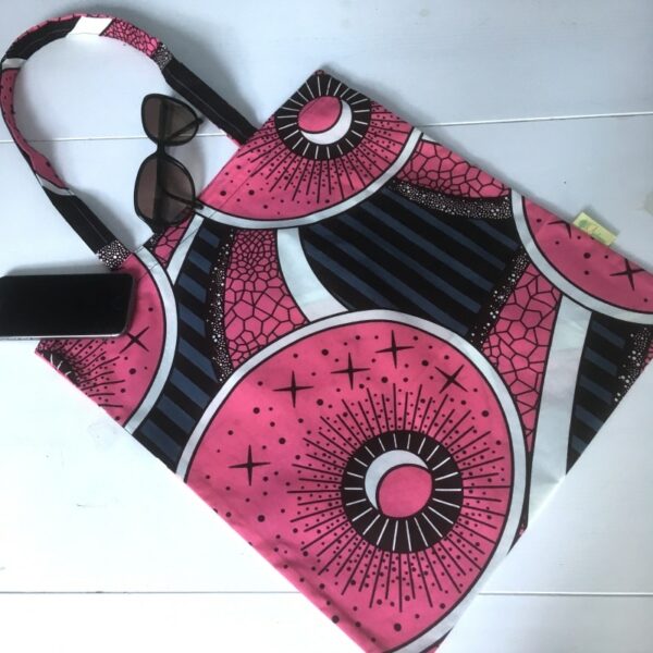 Tote-bag en wax noir, blanc et rose